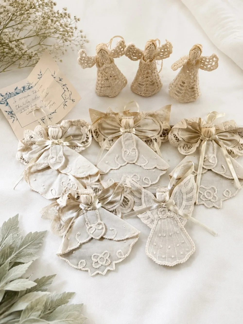 Vntg 60s Handmade Angel Christmas Ornaments Original Handwritten “Love Mom” Note